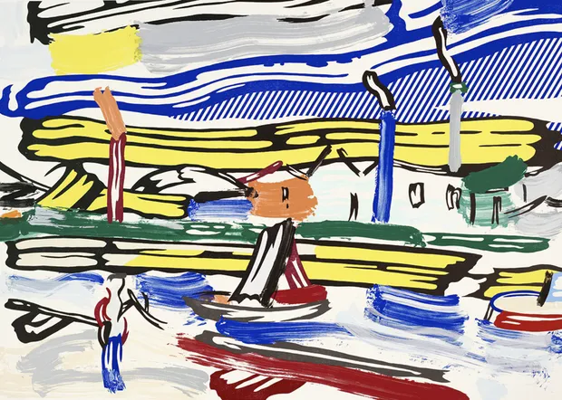 The River, 1985, print by Roy Lichtenstein depicted in primary colours