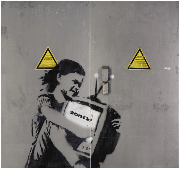 Back to: Banksy Originals Girl with TV (2004) presents a child locked in an embrace not with a toy, book,...