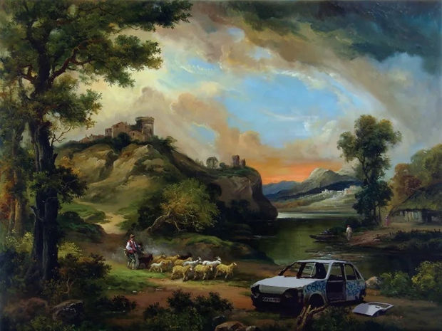 Banksy’s 2005 Landscape with Wreck modern twist on pastoral painting, features destroyed vehicle.