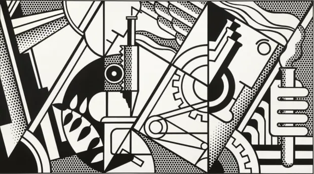 Roy Lichtenstein Peace Through Chemistry III (1970) monochrome lithograph featuring a triptych composition of machinery, cogs, and a stylised figure holding a test tube in black Ben-Day dots on white background.