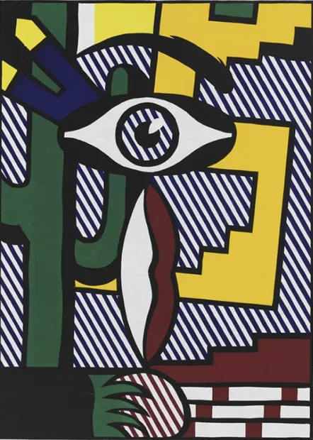 American Indian Theme III, 1980 is a print on paper by Roy Lichtenstein showcasing an eye in the centre of the artwork next to a cactus