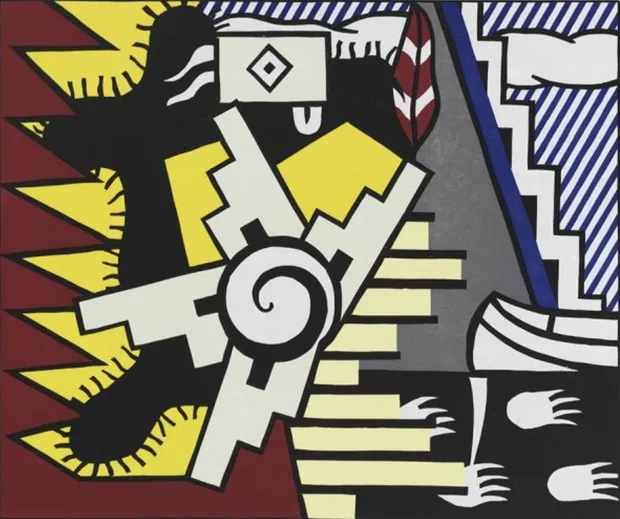 American Indian Theme II, 1980 is a print by the artist Roy Lichtenstein showcasing the variety of colour, pattern and shapes in tradtional native american artwork.
