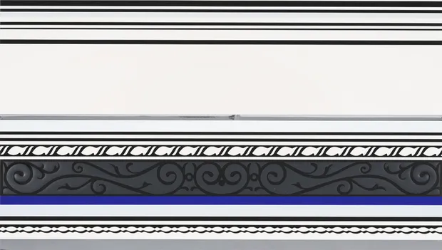 Roy Lichtenstein Entablature IX (1976), screenprint, lithograph and collage with embossing, featuring horizontal bands of black, white and blue with ornate scrolling motifs and linear architectural detailing.