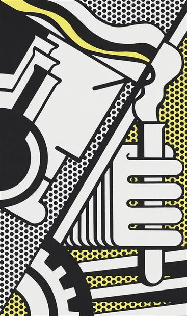 Roy Lichtenstein Chem I A (1970) screenprint featuring a stylised mechanical face in profile with test tubes, smoke, and industrial forms against dotted backgrounds.