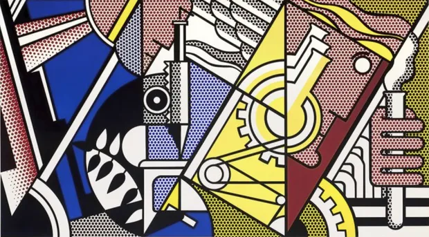 Roy Lichtenstein Peace Through Chemistry II (1970) print showing a triptych composition with blue, red, and yellow panels featuring machinery, cogs, and a stylised figure holding a test tube.