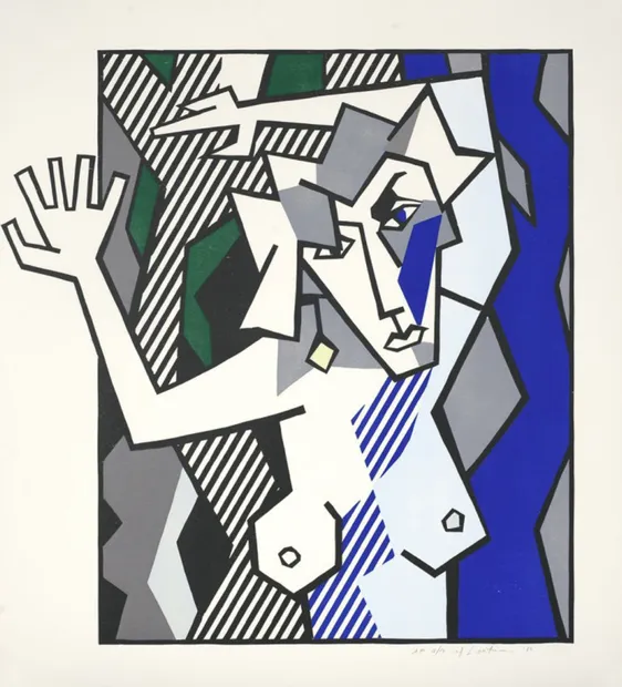 Nude in the Woods, 1980, is a print by Roy Lichtenstein showcasing a nude woman dancing in a forest