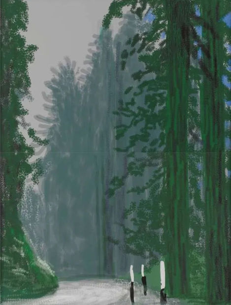 David Hockney iPad drawing of Yosemite iii October 5th – misty forest road with green trees and three white figures walking along winding path