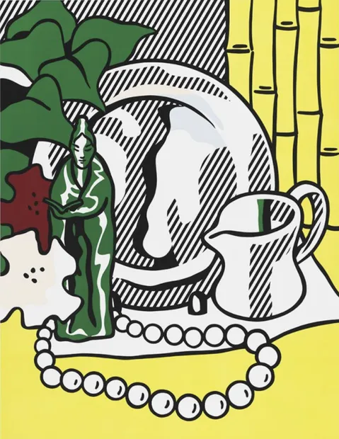 Roy Lichtenstein *Still Life with Figurine* (1974), featuring a stylised still life with a green figurine, pitcher, reflective vessel, beads, and foliage rendered in bold outlines, flat colour, and Ben-Day dots.