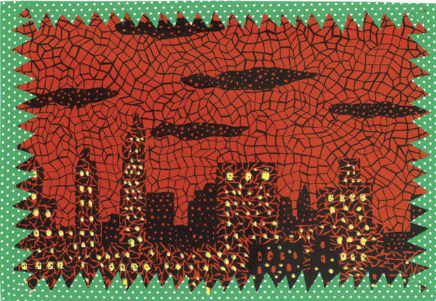 Yayoi Kusama, New York, 1982. Lithograph, 28 × 35 cm, edition of 100. Reflects Kusama’s impressions of New York, combining her distinctive graphic style with rhythmic pattern and bold linework.