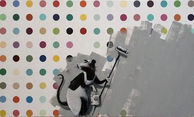 Banksy’s 2009 Rat with Roller mocks art world by defacing Damien Hirst spot painting.