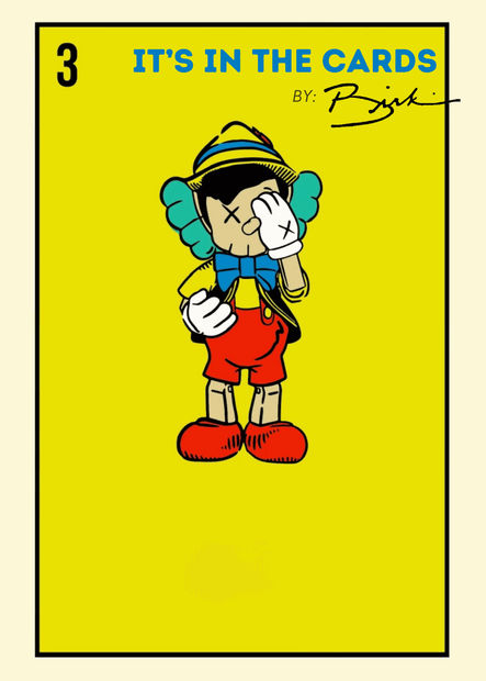 Poster of loteria card featuring a wooden toy boy against a yellow background.