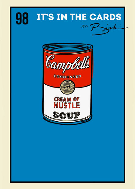 Poster of loteria card featuring a campbell's can against a blue background.