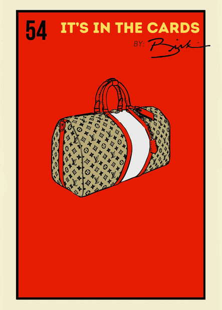 Poster of loteria card featuring a designer duffel bag can against a red background.
