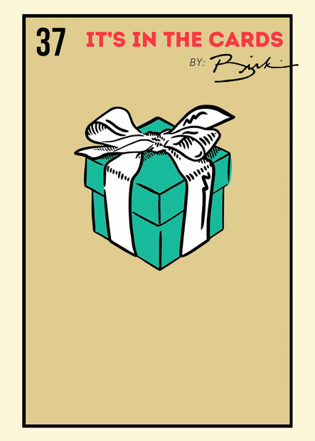 Poster of loteria card featuring a present box against a beige background.