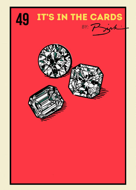 Poster of loteria card featuring diamonds against a red background.