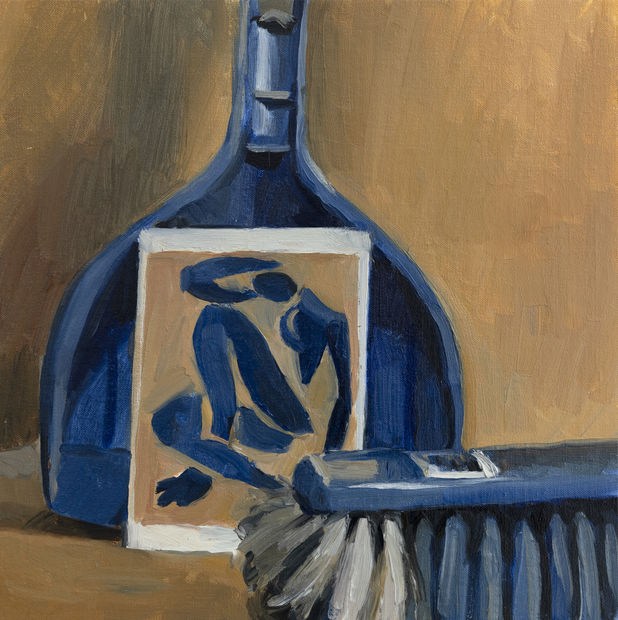 The arrangements of Evan Salmon's most recent works in still life riddle us with everyday objects in strange company. Scissors...