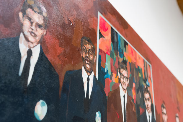 Warren Wilson ‘67 (Herb), 2022 (detail). This painting depicts the artist’s father, Herb Davis, with his basketball team and the...