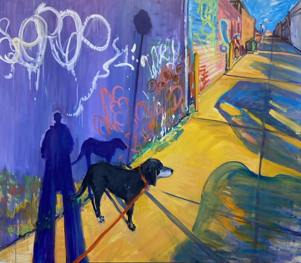 Browns Shadow Paintings zeigen ihre täglichen Spaziergänge mit ihrem Hund im Pandemiejahr in unmittelbarer Nähe ihres Ateliers im Industriegebiet East...