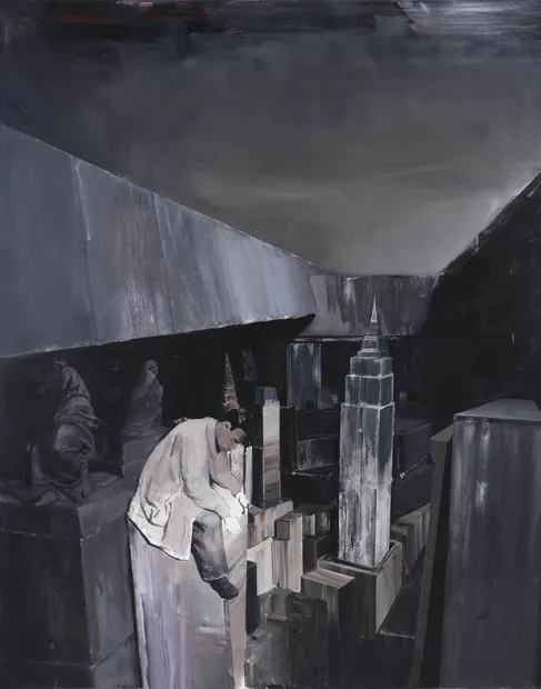 Ghenie's painting A Farewell to the Western World (2007) situates a white-clothed figure within a bunker, perched atop a miniaturized...