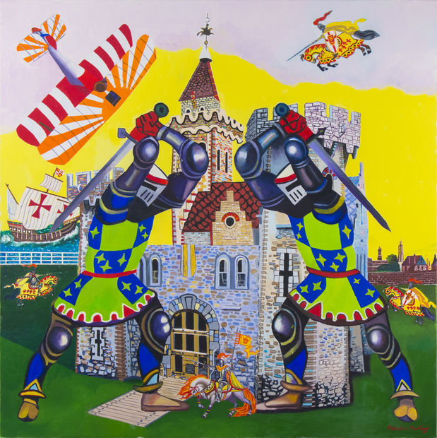 In his last series, Morley presented vibrant, often anachronistic scenes of medieval knights engaged in battle. In Medieval Divided Self...