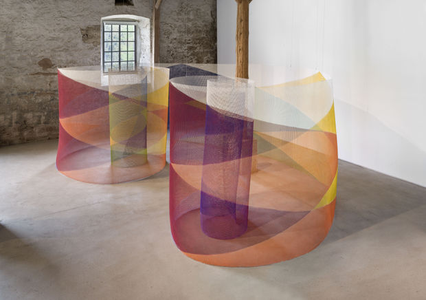 Okumura's sculptural works from 1984 marked a further evolution in color and material sensibility. Labyrinth (1984) is a large rolled...