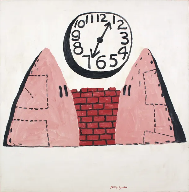 Painted decades earlier, Philip Guston's Courtyard (1969) centers two of his iconic hooded figures facing off under a clock in...