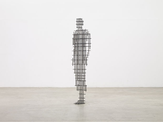 Set II (2017), in the adjacent room, uses the same body posture, but here the grid structure common to architecture...