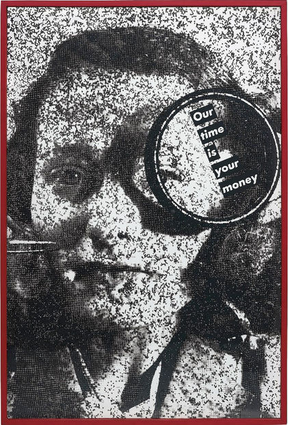 In Untitled (Our Time is Your Money) (1985) the granulated image of a young woman&rsquo;s face is superimposed with a...