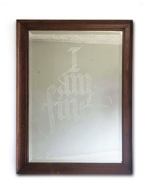 Another of his latest series, 'I'm Fine', is presented on the gallery floor. Using a mirror support, which invades the...