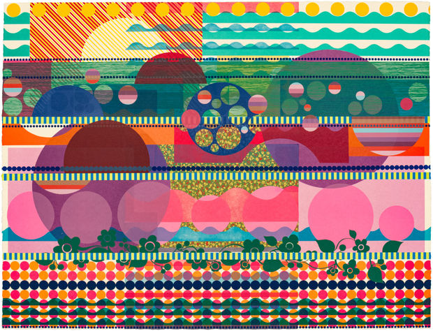 Beatriz Milhazes' large scale woodblock and silkscreen print, Purple Dahlia