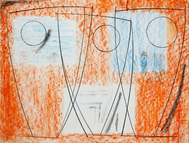 Three Forms in Echelon 1960s Chalk and crayon on paper A preparatory drawing for &lsquo;Three Forms&rsquo; lithograph from the &lsquo;Twelve...