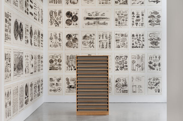 The relief printing plates serve as a point of origin from which reproductions can endlessly emerge. Mullican has used them...