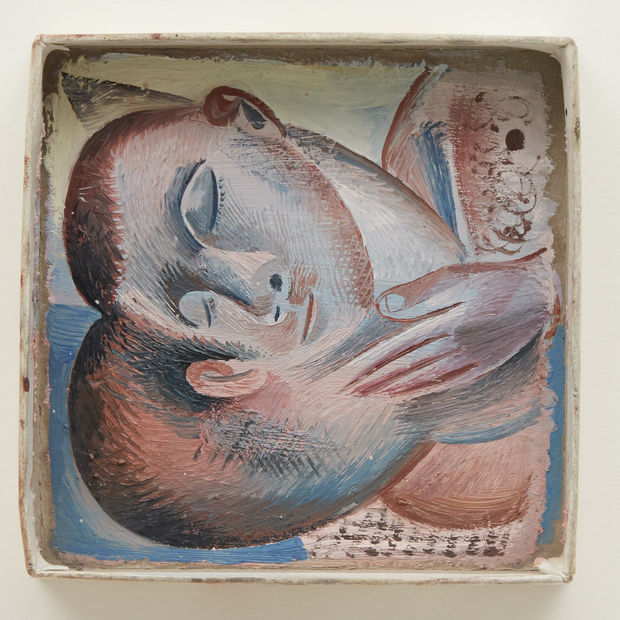 Detail of Louis Fratino's "Long Morning", showing two heads intertwined sideways, as if hugging in bed.