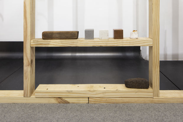 fig 45.03 metablock, 2024 wood, cement, copper, quartz, volcanic rock, steel, leather wood block 20 x 4 x 4.5cm (7.8...