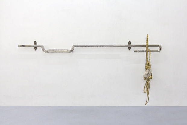 fig 36.5 skinwalker, 2024 nickel-plated steel, cobra skin, bronze, turquoise 104 x 206 x 18cm (41 x 81 x 7in)