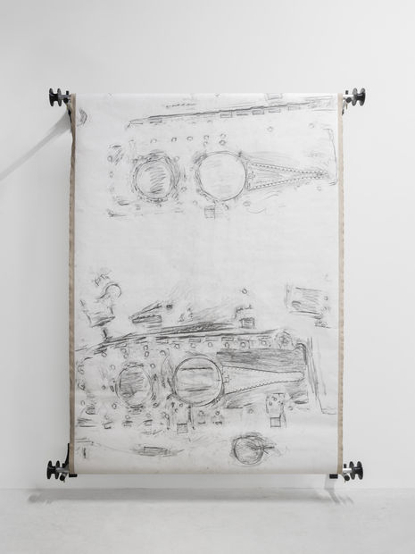 Peenemünde Scroll, Haseeb Ahmed, Peenemünde Scroll, 2018-2020, Graphite on paper mounted on linen, aluminum, 3D print, and brass, 200 x...