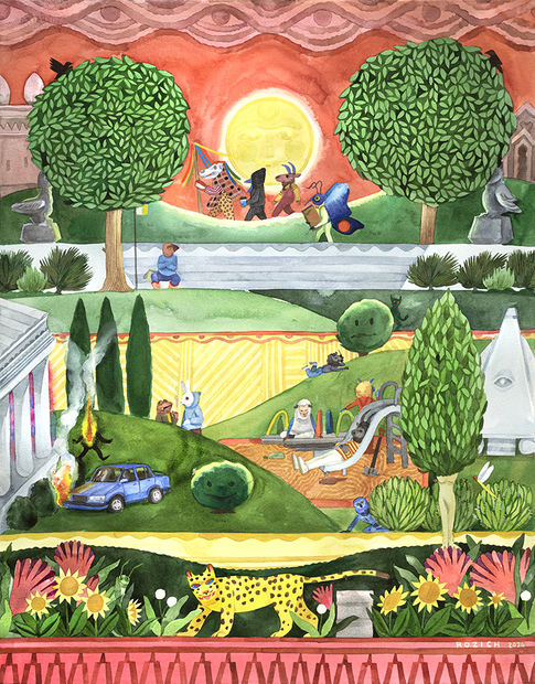 Colorful painting by Stacy Rozich of animals playing on green hills