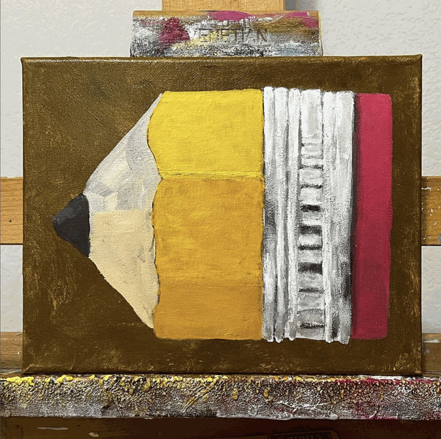 Gabe Langholtz painting of stubby pencil. Painting on artist's easel