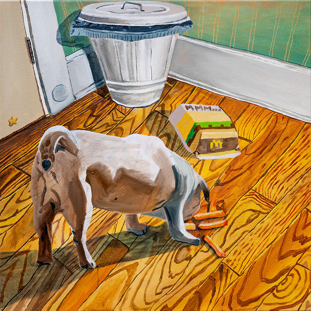 Painting of a pug eating McDonalds off the kitchen ground