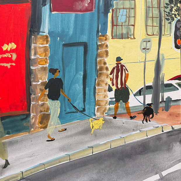 detail image of Kirsten Sims' painting depicting a busy urban street with people walking