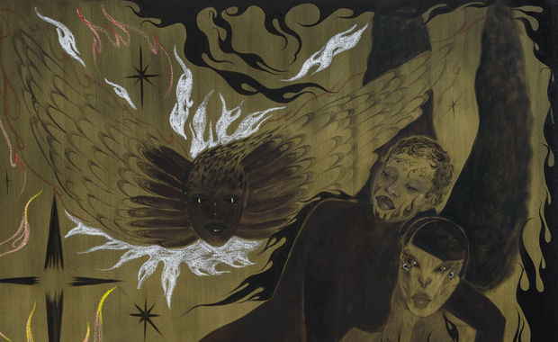 Pleasure and Pain (2023), foregrounds a female figure surrounded by three ethereal beings, two of which she protectively encircles with...