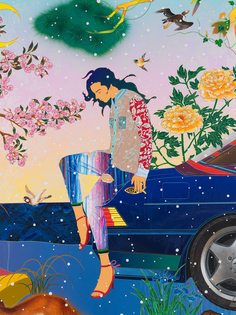 This painting by Tomokazu Matsuyama shows a lone figure resting on the rear bumper of a classic Mercedes that is...