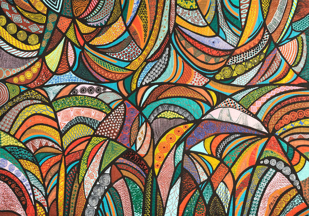 1985 Pacita travels to Seoul, Korea to learn ink brush painting. This leads to a series of abstract trapunto paintings...