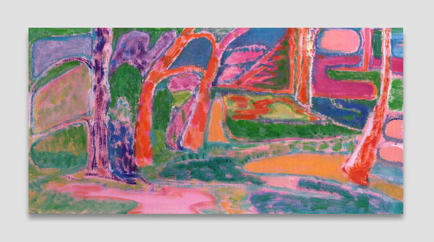 Laurie Nye 'Pink Forest,' 2020 Oil on linen board 6 x 18 in 15.2 x 45.7 cm