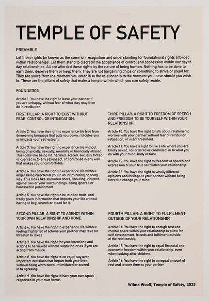 Temple of Safety, the latest work by artist Wilma WOOLF, is grounded in the artist's extensive engagement with policy, research,...