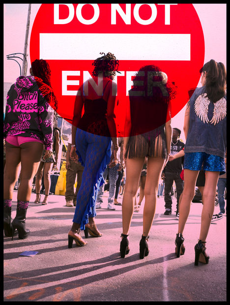 This work shows a street march in Wynwood collides with a sign from Mid Beach that reads &ldquo;Do Not Enter.&rdquo;...