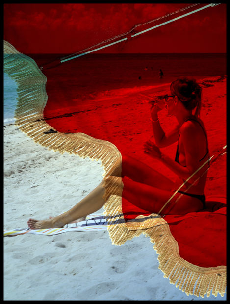 In Red Umbrella a single vivid accent transforms a casual seaside scene into a meditation on contrast: leisure against intensity,...