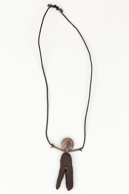 JB Blunk Little Mans, 1954 clay, fine silver, amethyst, leather 4 x 2 3/4 x 15 inches 10.2 x 7...