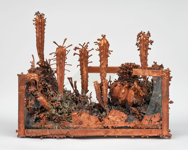 Max&amp;nbsp;Hooper Schneider

Disinterred Electrolyte Xeriscape, 2025

Burned aquarium, cacti, plastic decor, copper electroplating

28&amp;quot; &amp;times; 34&amp;quot; &amp;times; 17&amp;quot; (71.1 cm &amp;times; 86.4 cm &amp;times; 43.2 cm)