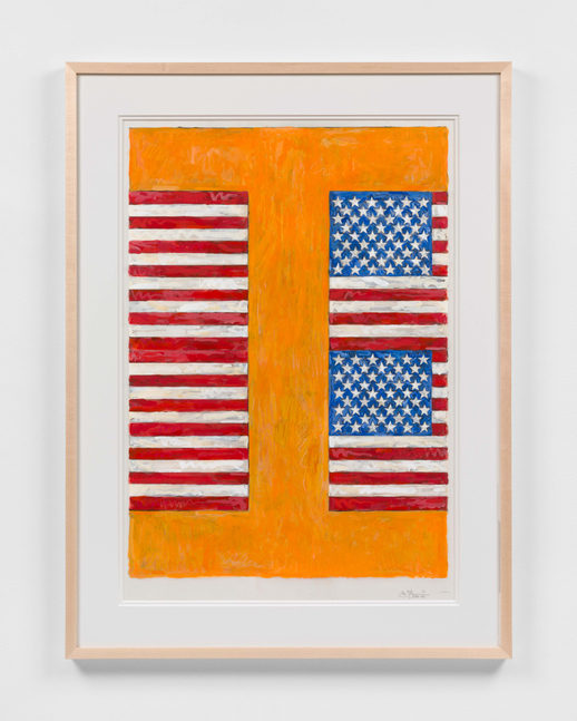 Two Flags on Orange, 1986&amp;ndash;87

Acrylic, ink, and crayon on plastic

34 1/8 x 24 inches

Private collection, New York